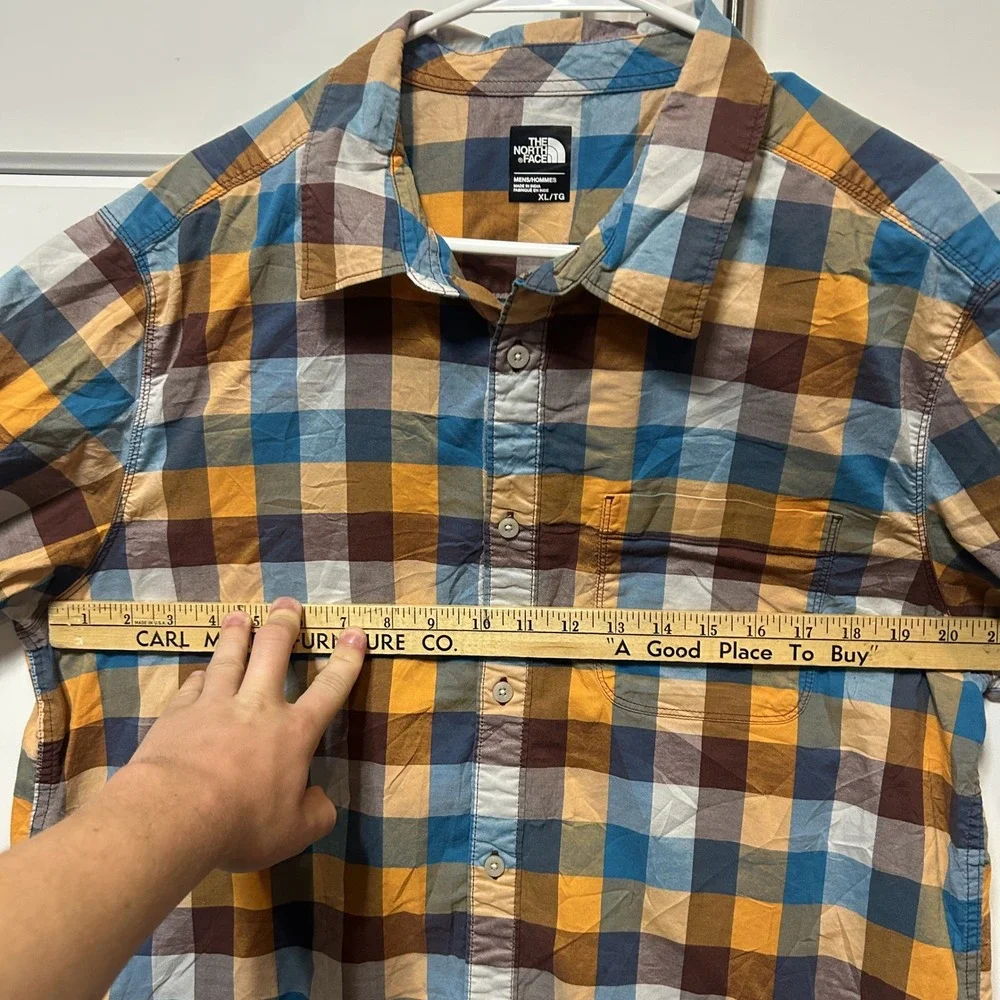 The North Face Mens XL Plaid Short Sleeve Button Down Shirt Blue Orange B725